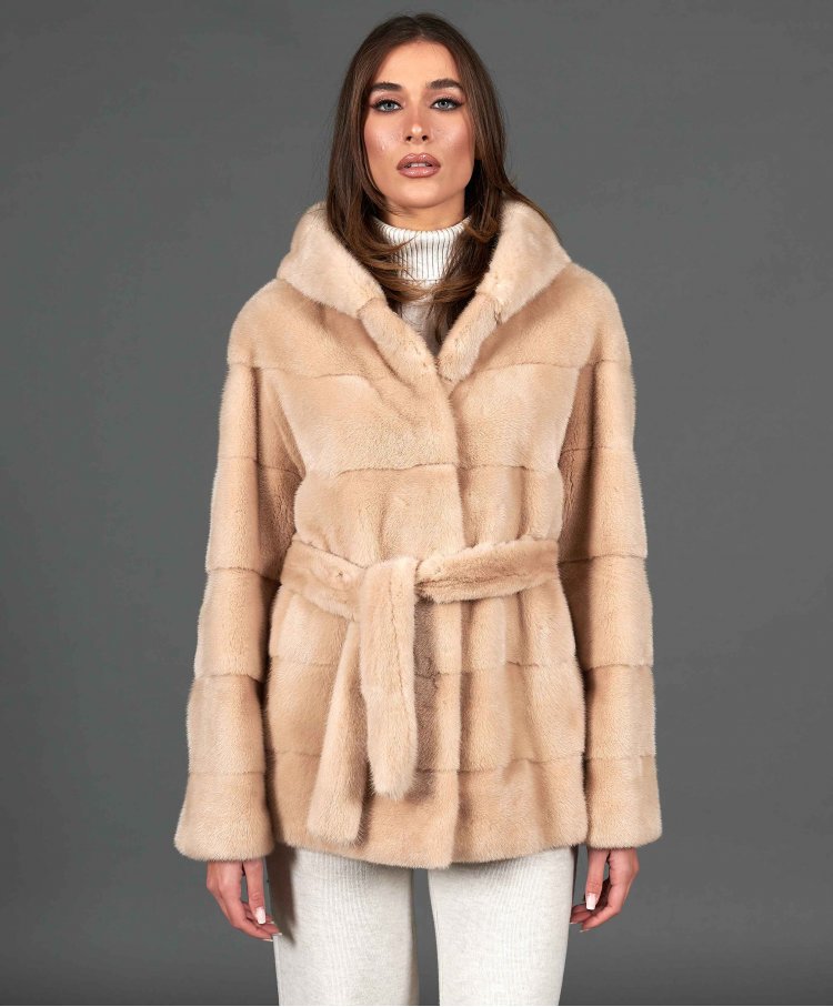 Mink fur jacket with hood and belt • beige color