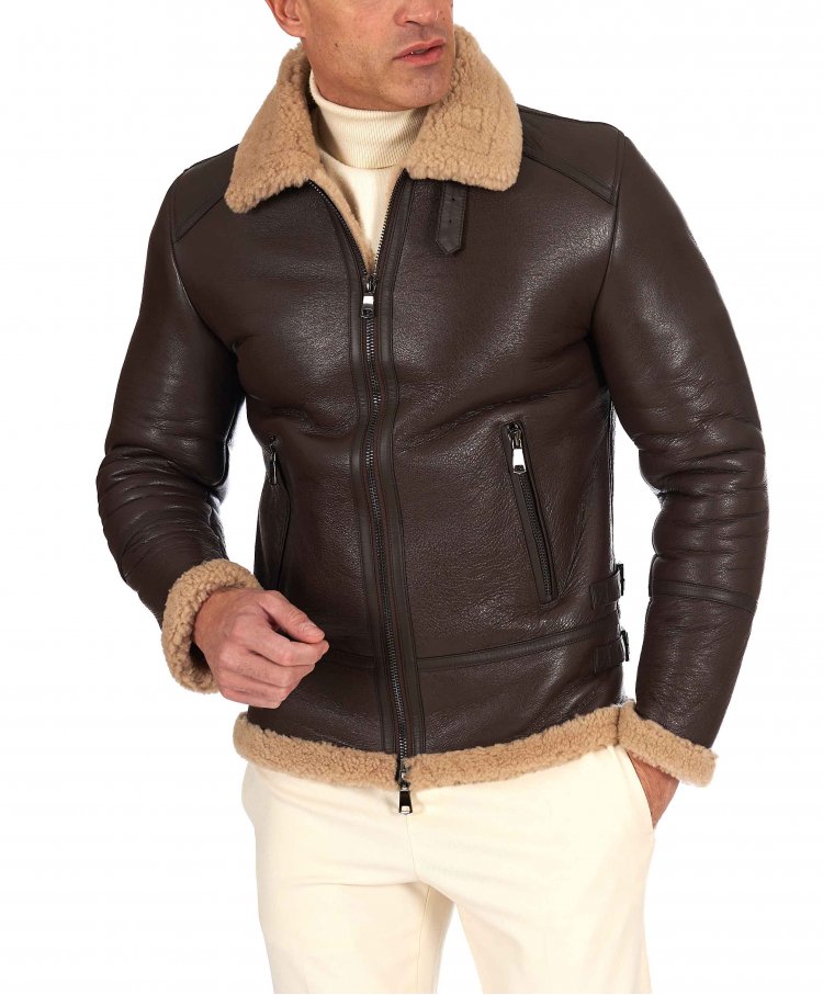 Brown shearling lamb biker jacket shirt buckle collar