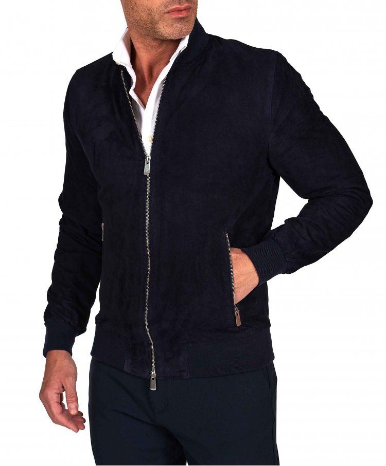 Blue suede leather bomber...