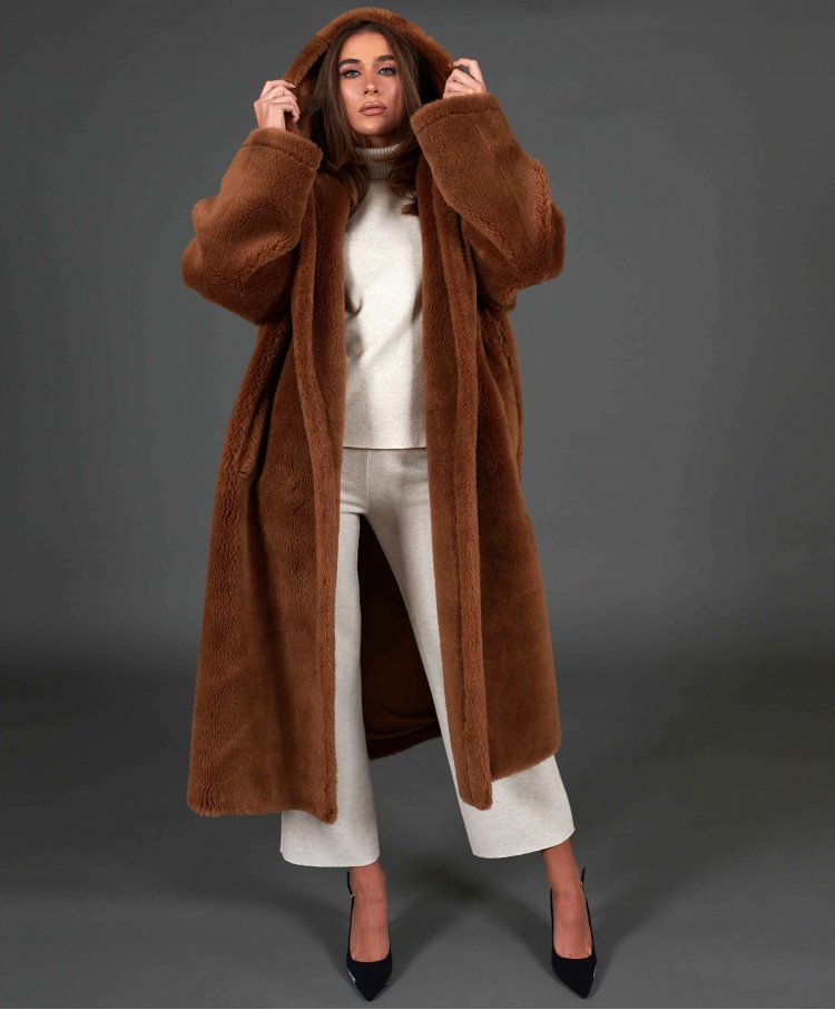 Brown reverse shearling coat with hood