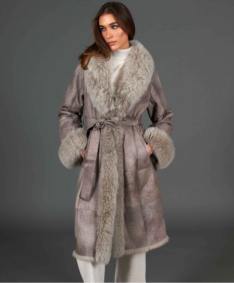 Grey nappa lapin fur coat with fox fur collar