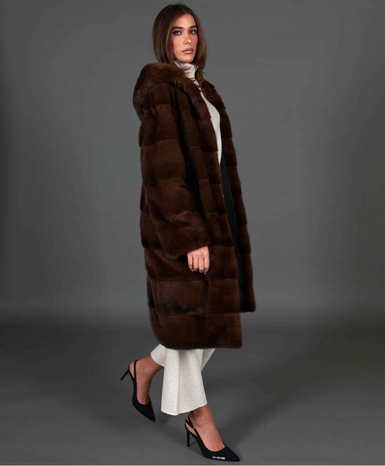 Mink fur coat with hood and long sleeve • mahogany color