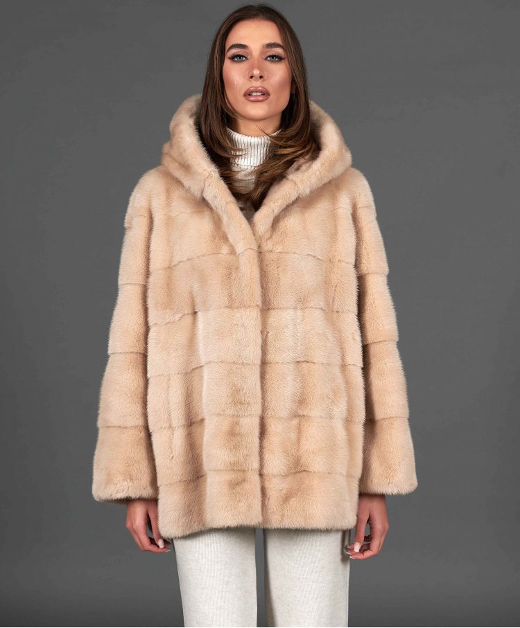 Mink fur jacket long sleeve with hood • beige color