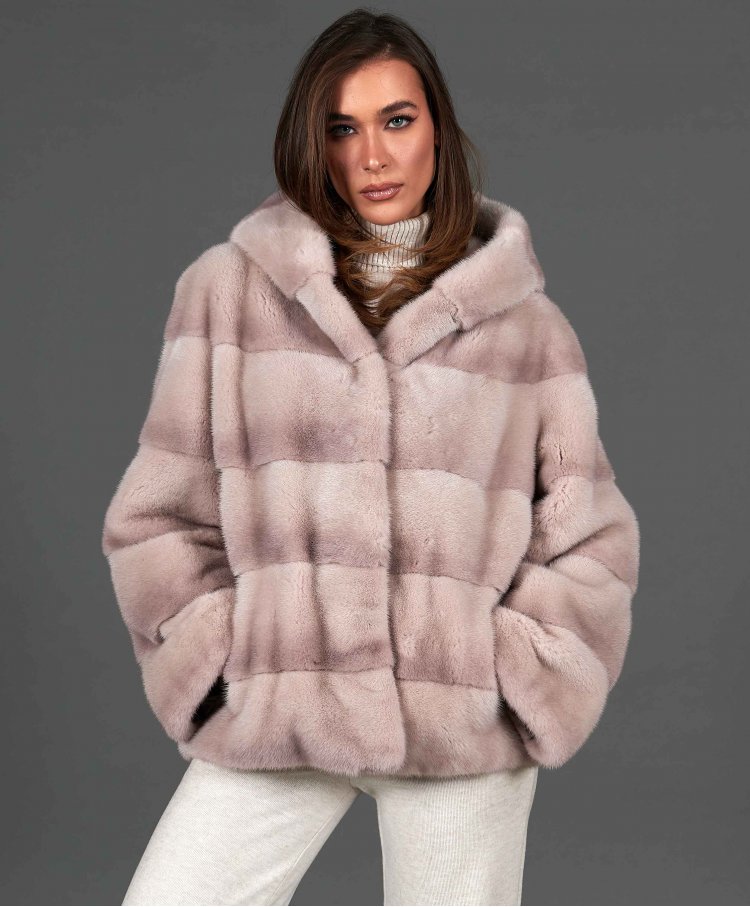 Mink fur jacket with hood and long sleeve • powder pink color