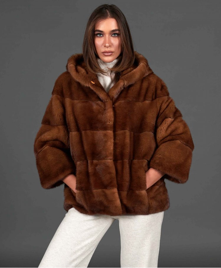 Mink fur jacket with hood and long sleeve • honey color