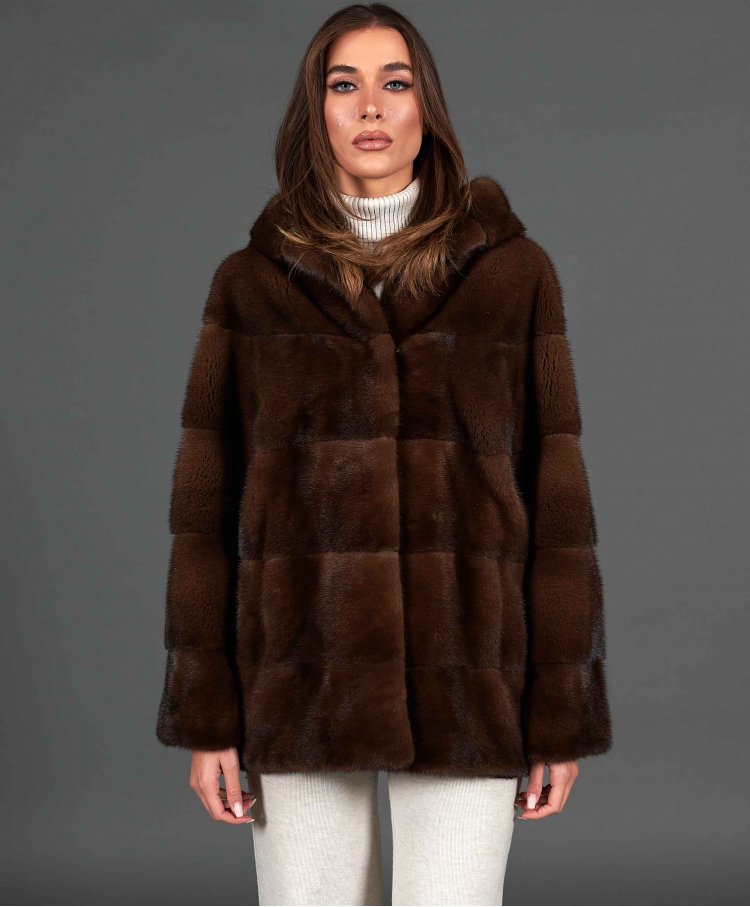 Mink fur short jacket with hood • mahogany color