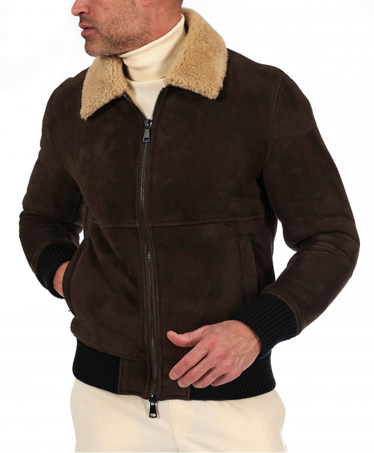 Dark brown suede shearling...