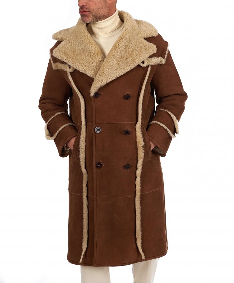 Tan double-breasted suede shearling coat smooth effect