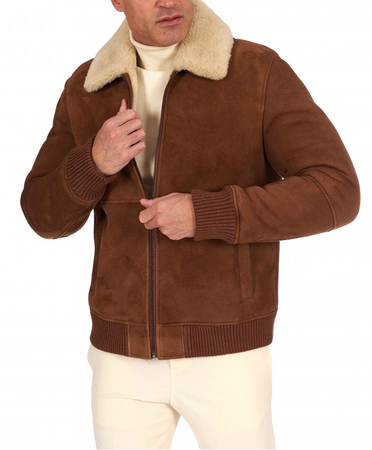 Tan suede shearling bomber jacket shirt collar