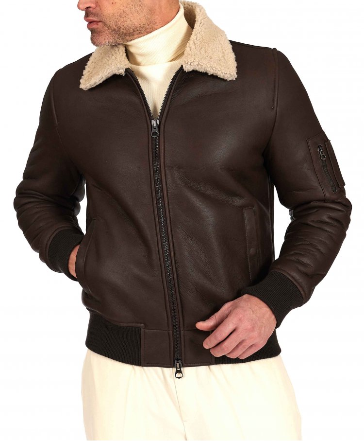 Dark brown suede shearling bomber jacket shirt collar