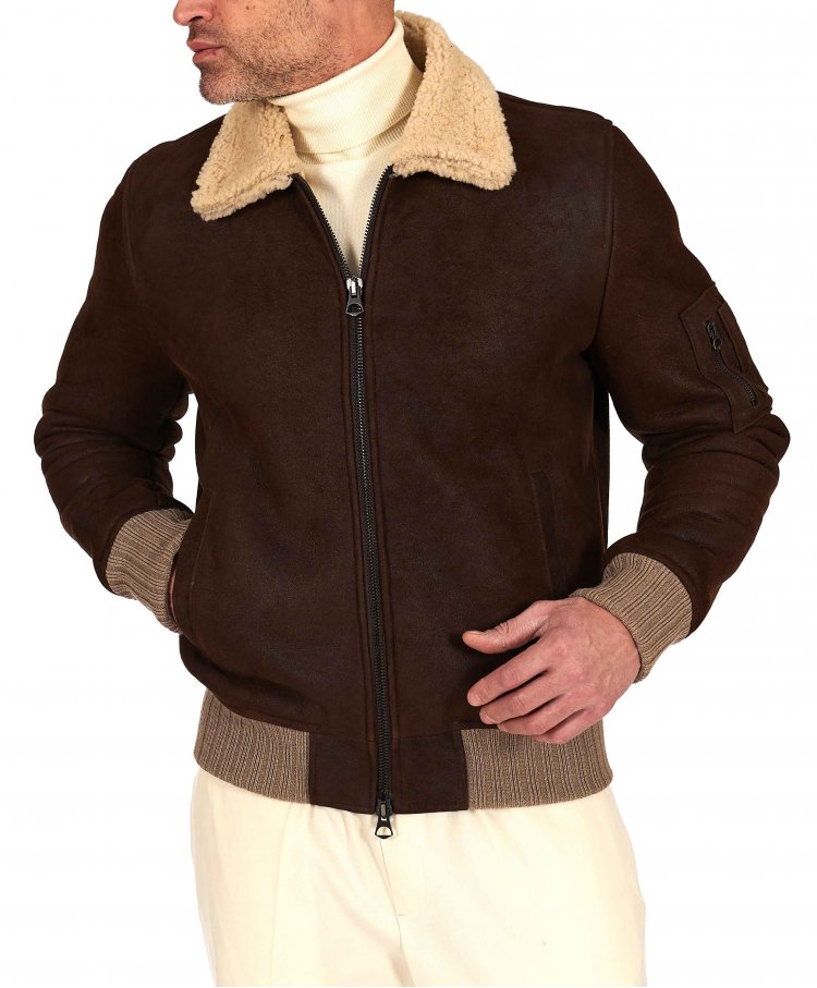 Dark brown shearling bomber...