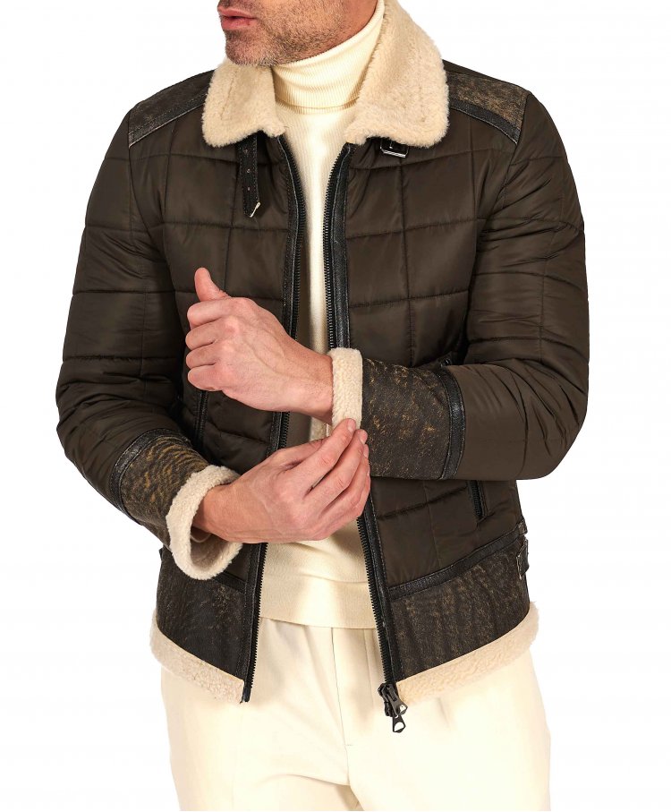 Green quilted fabric down jacket and brown shearling profiles