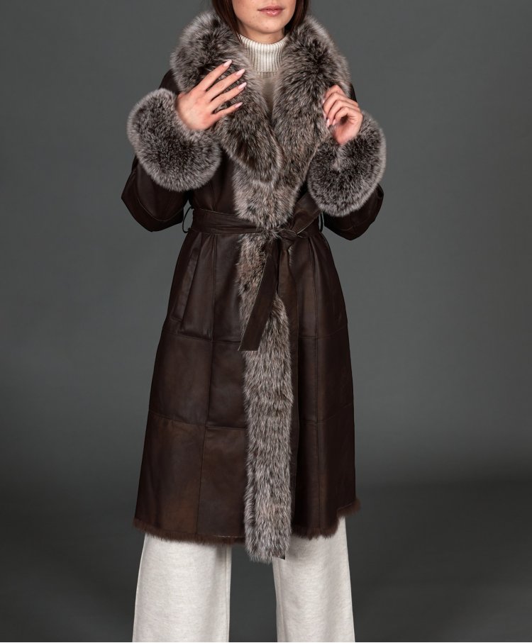 Dark nappa lapin fur coat with frosted fox fur collar