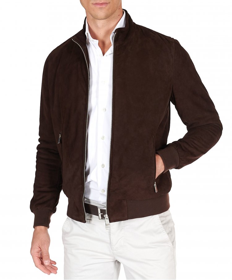 Dark brown suede leather bomber jacket tone in tone