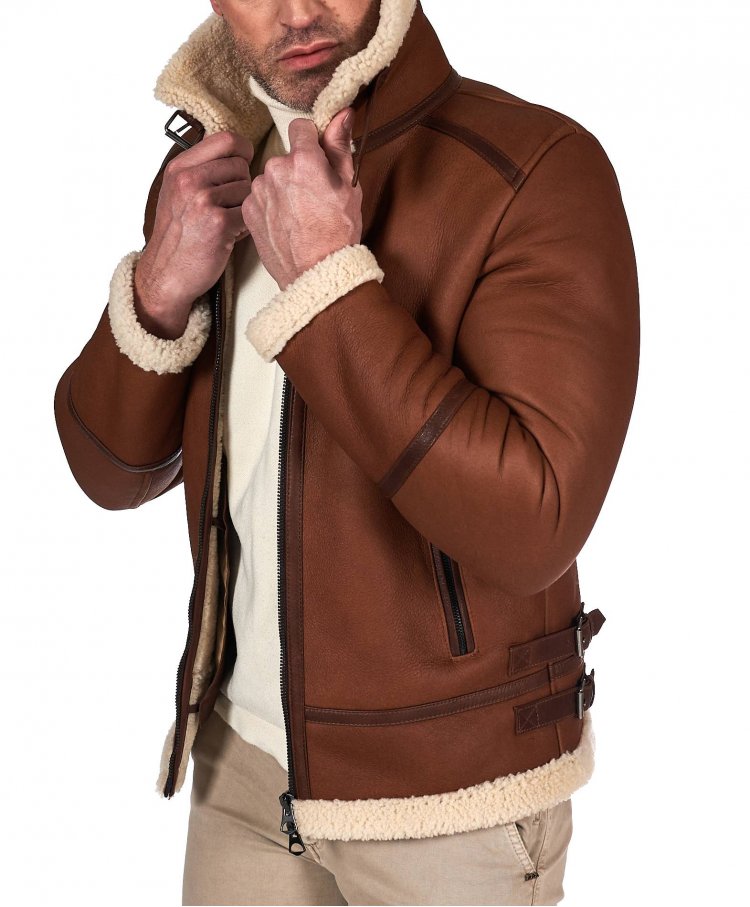 Tan shearling lamb biker jacket shirt buckle collar