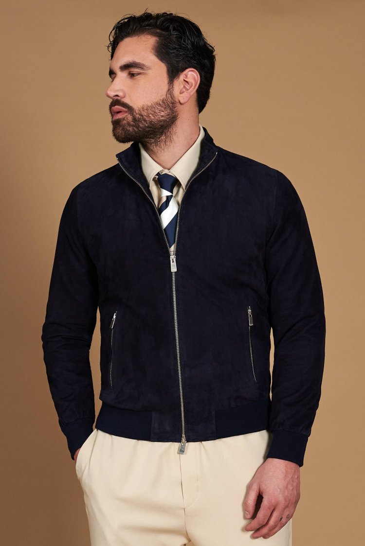 Blue suede leather bomber...