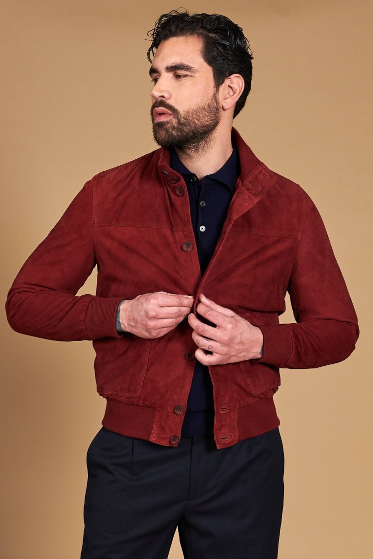 Burgundy suede lamb leather bomber jacket with buttons