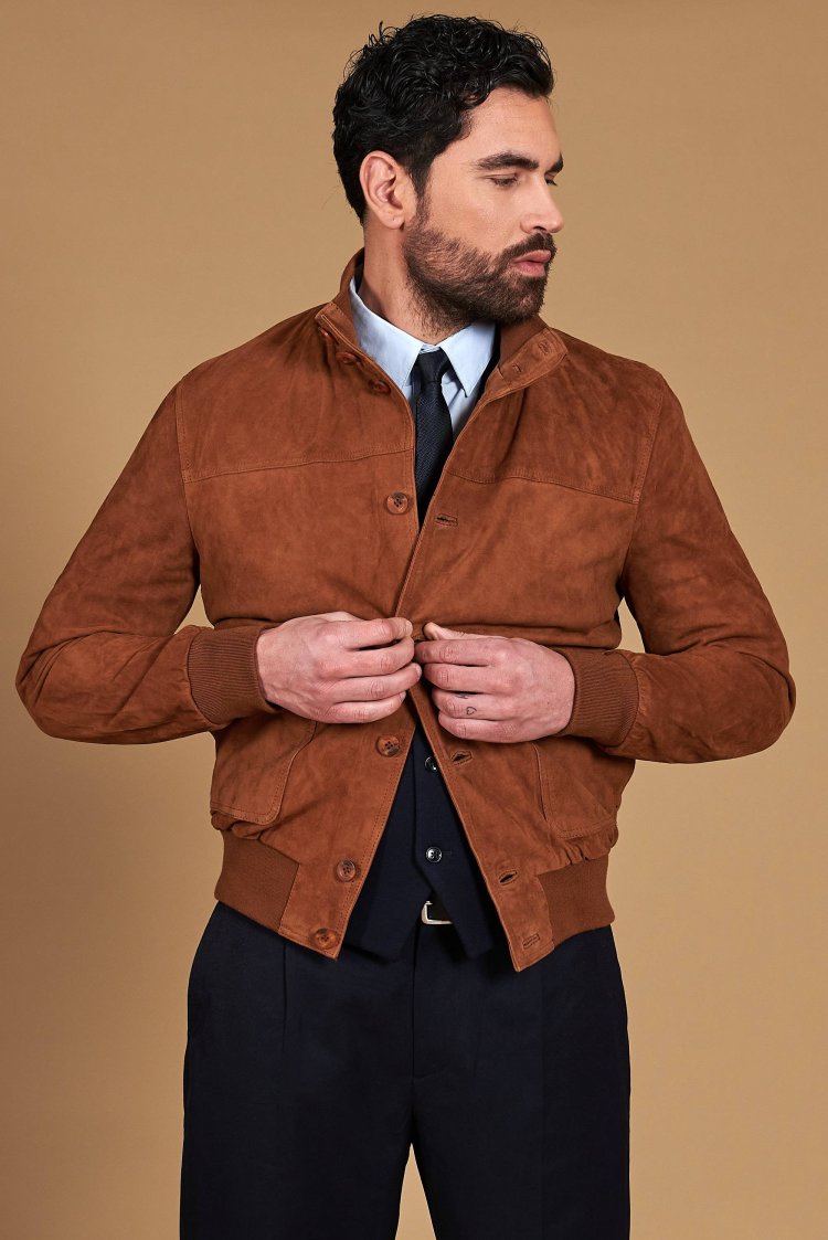 Tan suede lamb leather bomber jacket with buttons