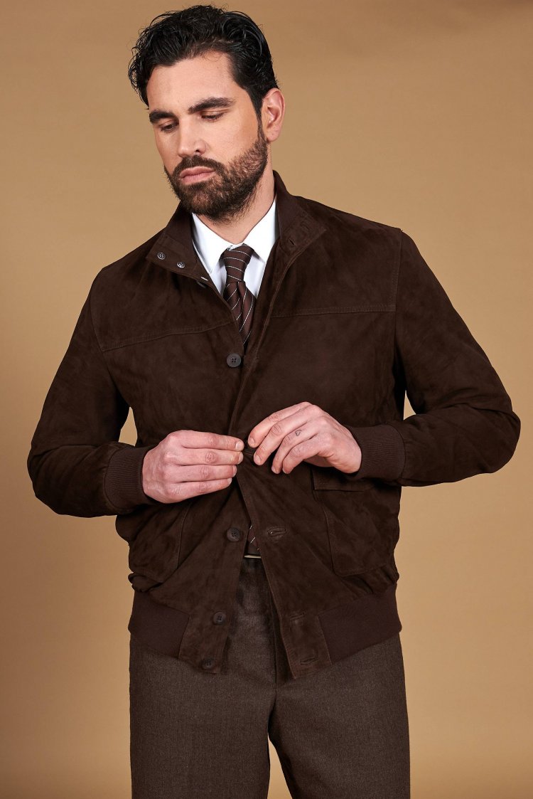 Dark brown suede lamb leather bomber jacket with buttons