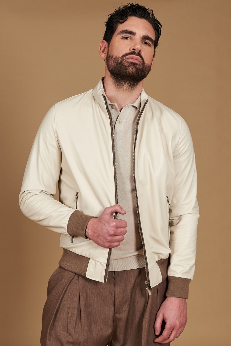 Cream lamb leather bomber jacket with taupe contrasting profiles