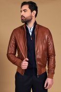 Blouson cuir naturel cognac bomber col mao