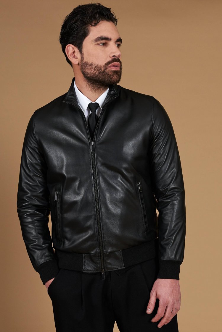 Black nappa lamb leather bomber jacket smooth aspect