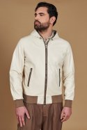 Cream hooded natural lamb leather bomber jacket 