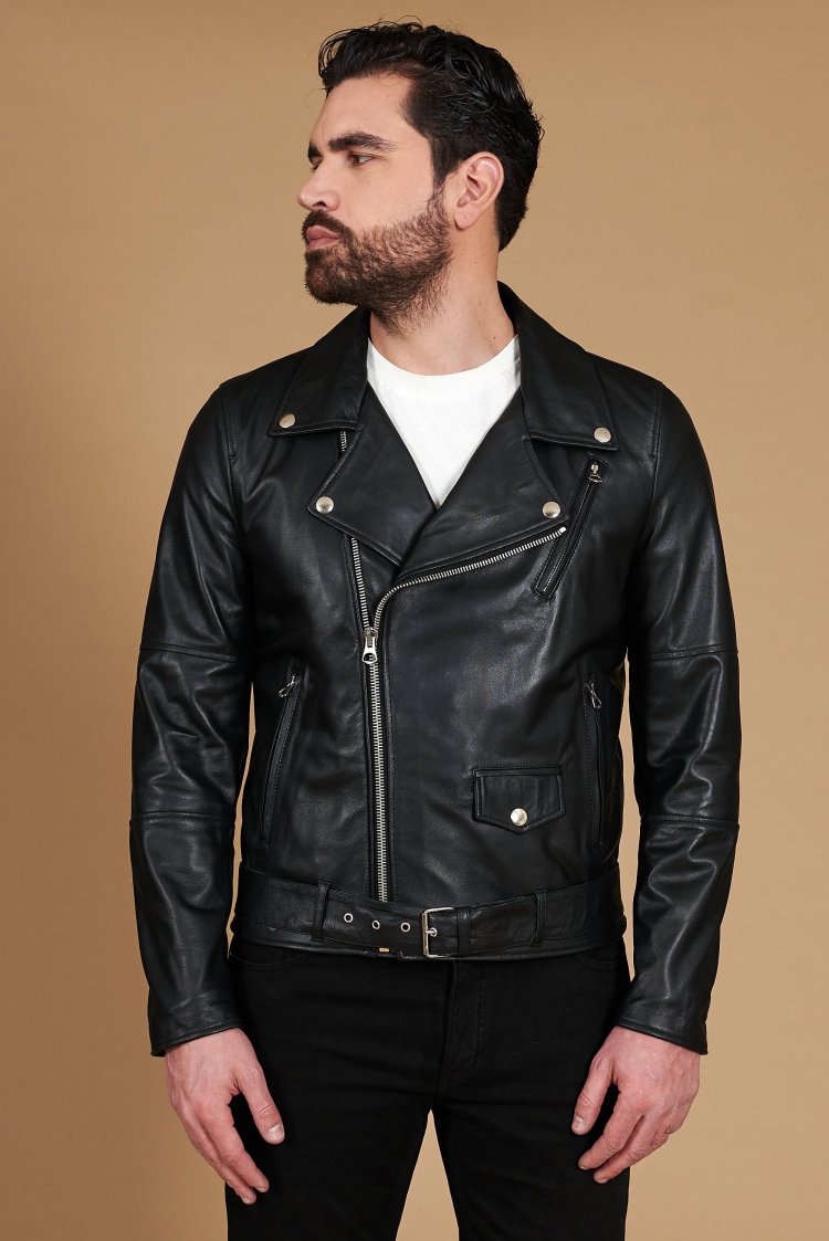 Black belted lamb leather biker jacket smooth effect