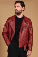 Chiodo biker in pelle rossa con cintura effetto liscio