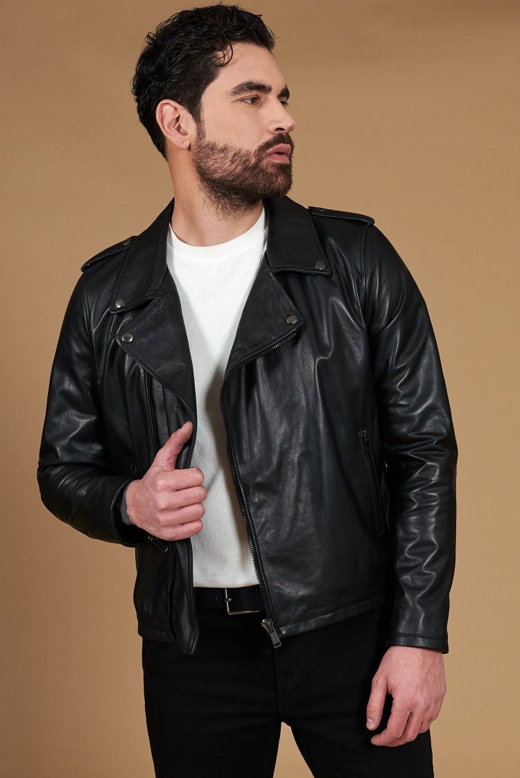 Black lamb leather biker...