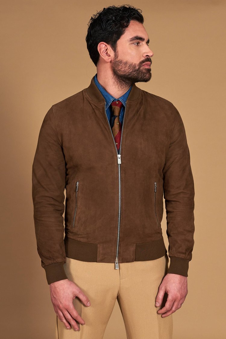 Taupe suede leather bomber jacket two pockets