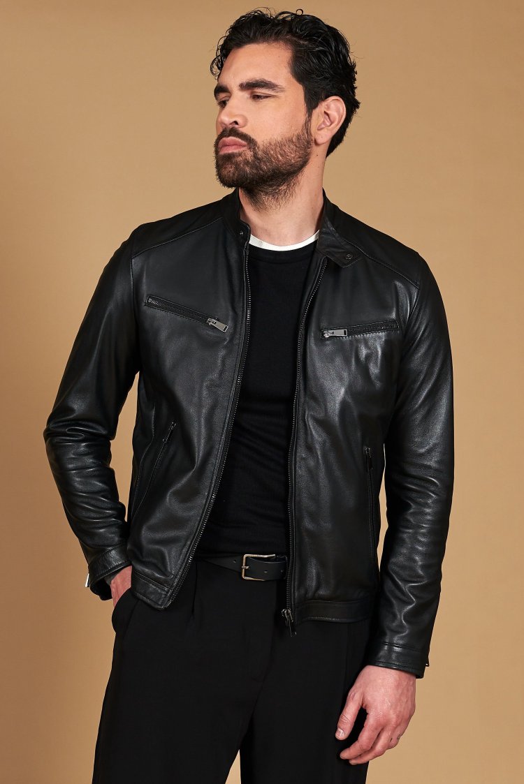 Black nappa lamb leather biker jacket four zipper pockets