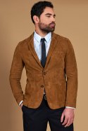 Blazer in pelle scamosciata color cuoio con due bottoni