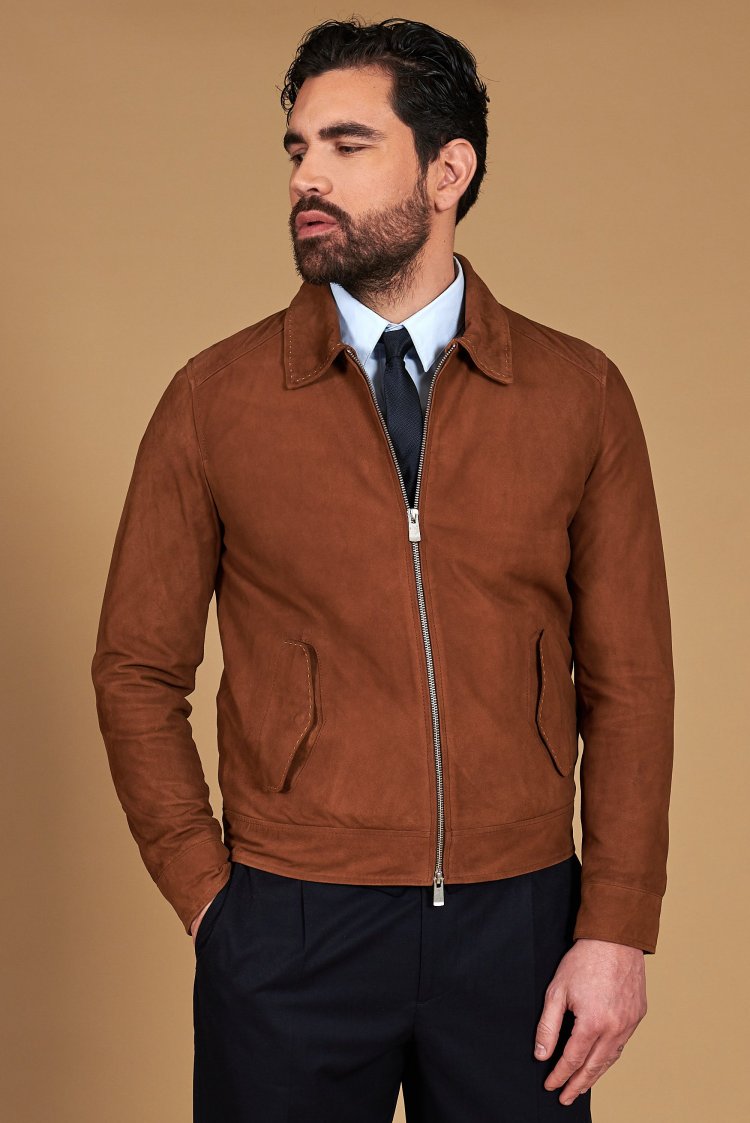 Tan suede leather jacket with hand stitching shirt collar