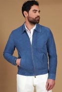 Giacca in camoscio denim blu con colletto camicia impunturato a mano