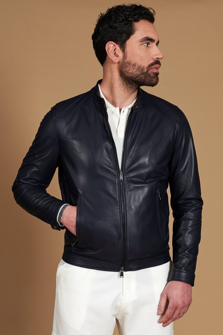 Blue natural leather biker...