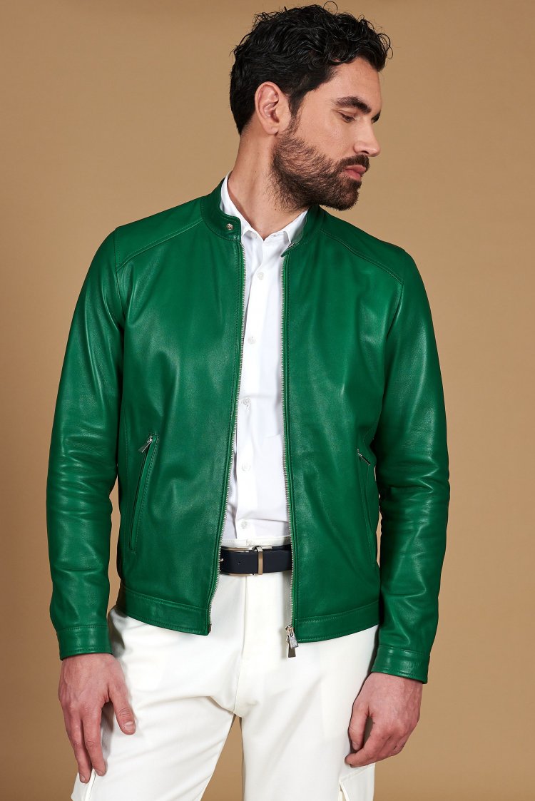 Green natural leather biker...