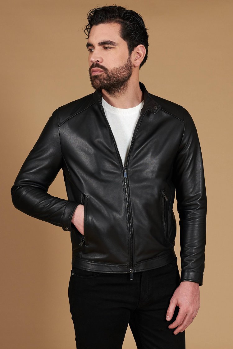 Black nappa lamb leather biker jacket korean collar