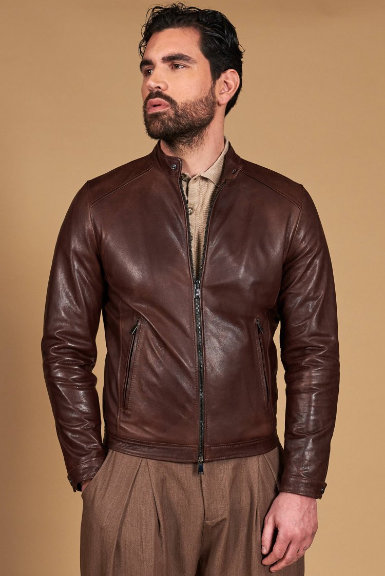 Dark brown lamb leather...