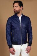 Giubbotto bomber in pelle naturale blu elettrico colletto coreana