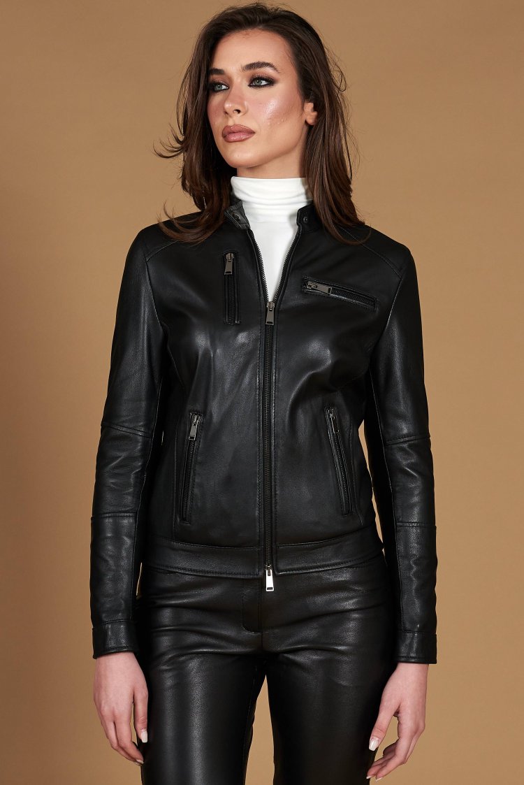 Black nappa lamb leather biker jacket four zipper pockets