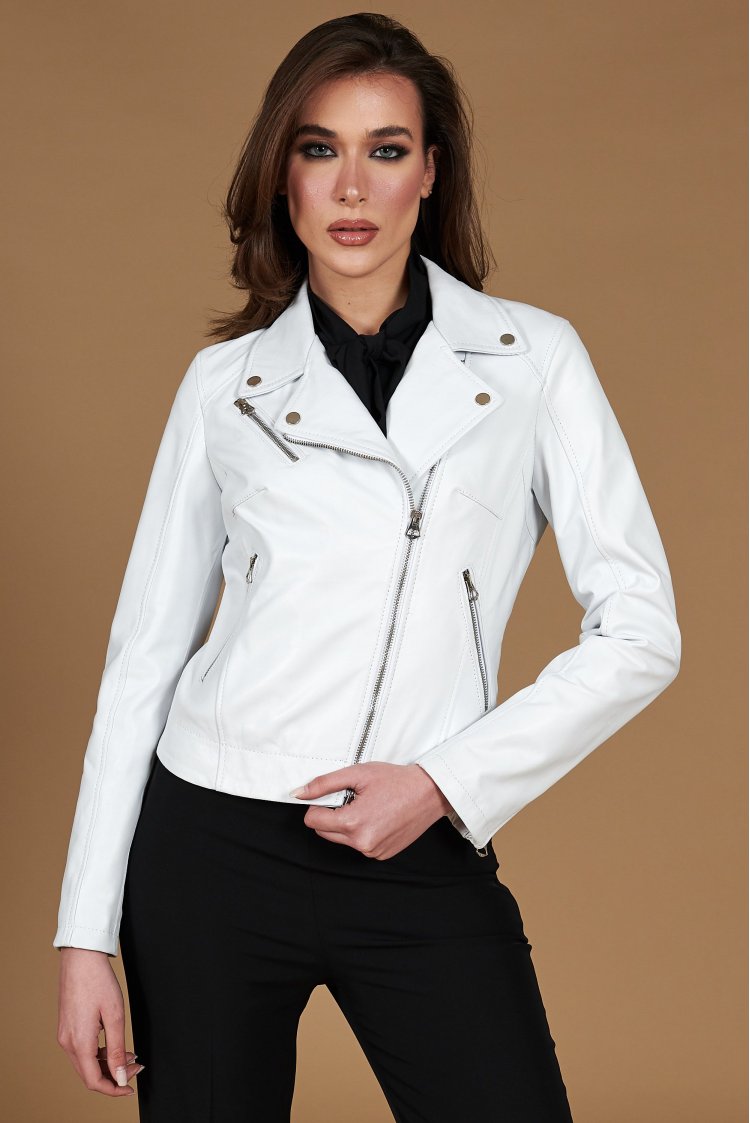 White nappa lamb leather biker jacket cross zipper