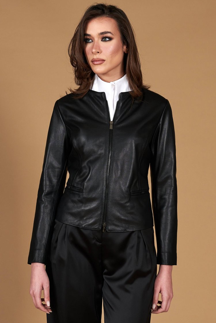 Black nappa lamb leather jacket round collar