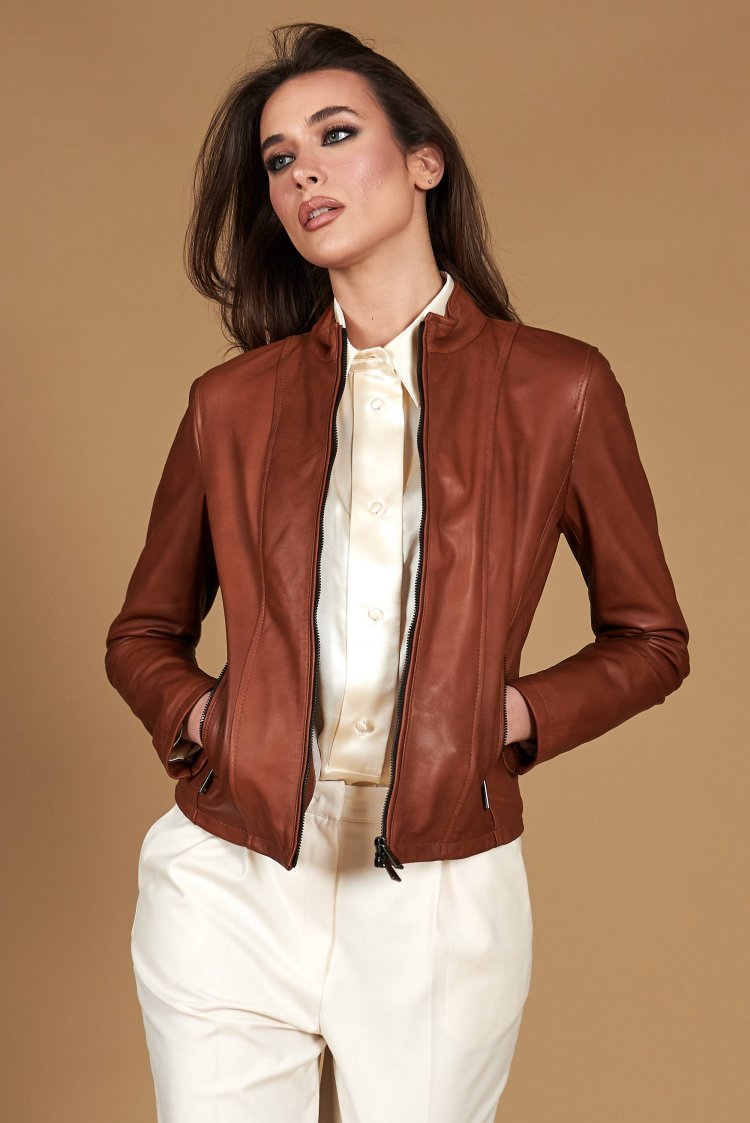 Tan natural lamb leather jacket korean collar