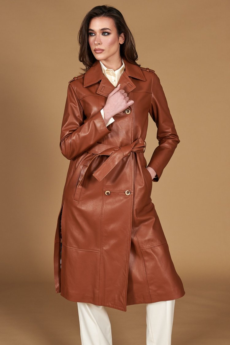 Tan natural leather double-breasted coat both sides rips