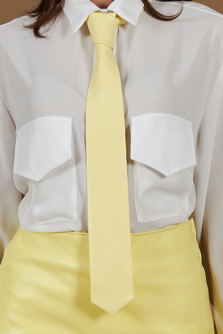 Yellow pastel Leather Slim Tie Smooth Effect 