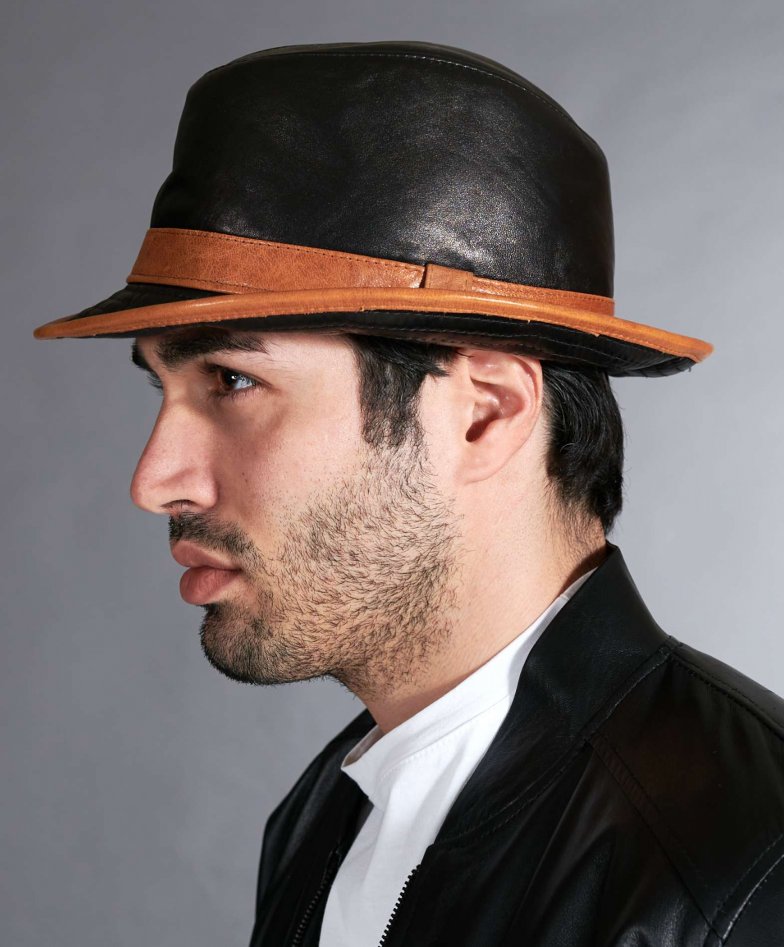 Men's leather hat cap narrow visor jazz borsalino black tan New
