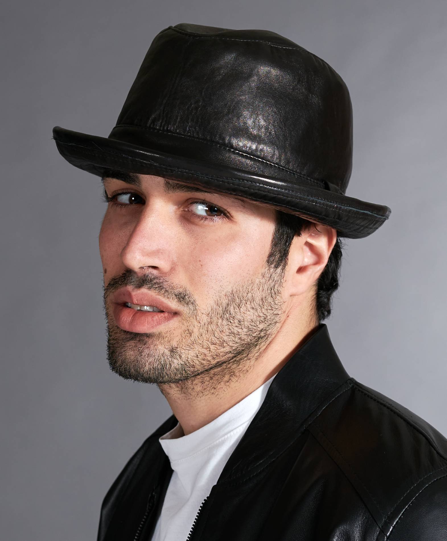 Men's leather hat cap narrow visor jazz borsalino black leather New ...