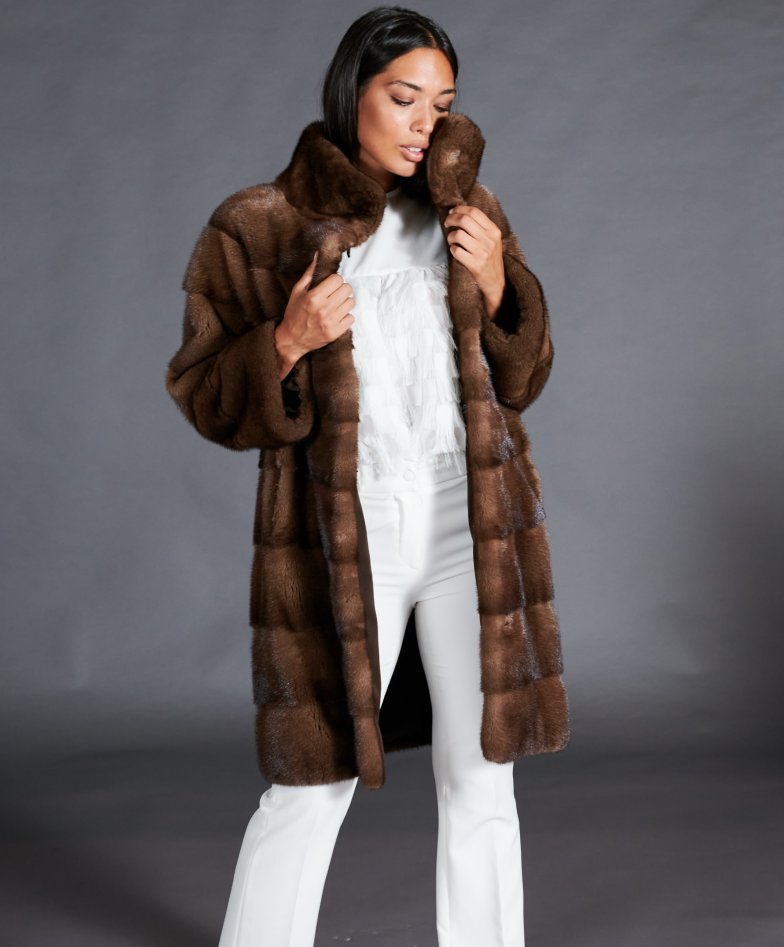 Graphite Full Skin Mink Fur Coat With Hood Real Mink Fur Coat 