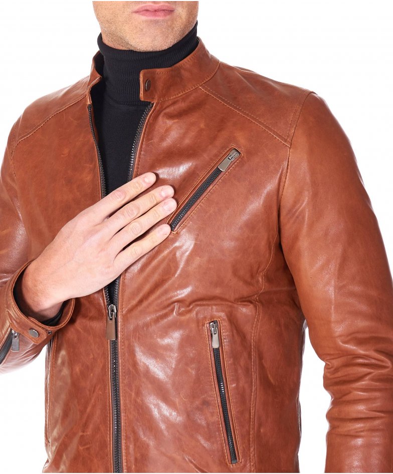 Biker Leather Jacket three pockets vintage aspect tan colour Carson |  D'Arienzo